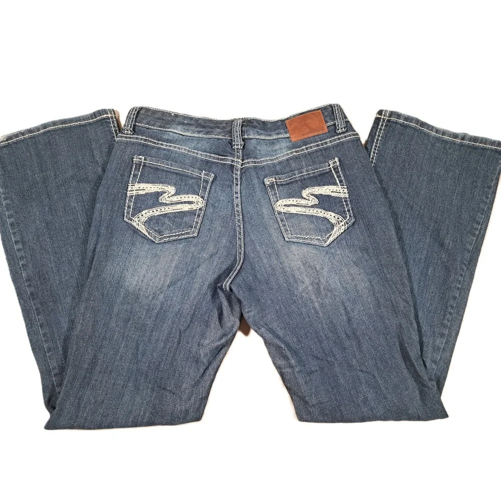 Maurices Womens Bootcut Jeans Medium Wash Contrast Thick Stitch Blue Sz 7/8 REG - Picture 2 of 7